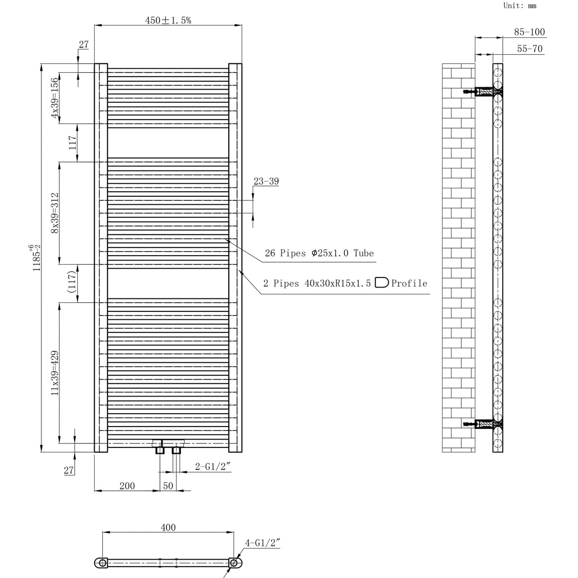 Wiesbaden Elara sierradiator 118,5 x 45 cm / Glans wit - technische tekening