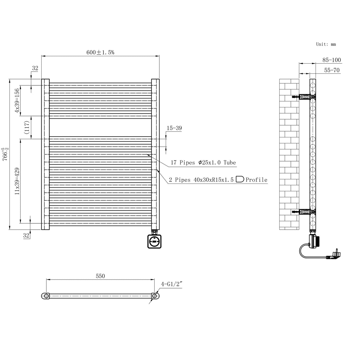 Wiesbaden Elara elektrische radiator Smart WiFi 76,6 x 60 cm / glans wit - technische tekening