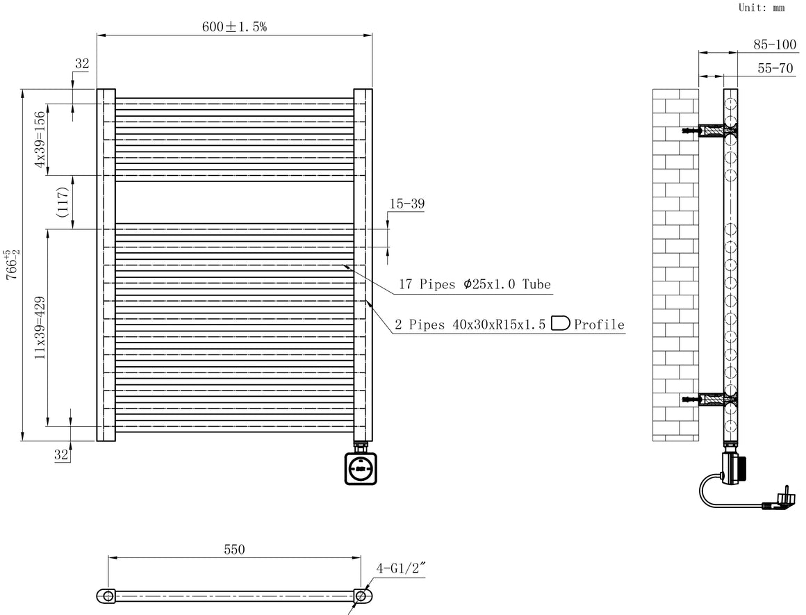 Wiesbaden Elara elektrische radiator Smart WiFi 76,6 x 60 cm / mat zwart - technische tekening