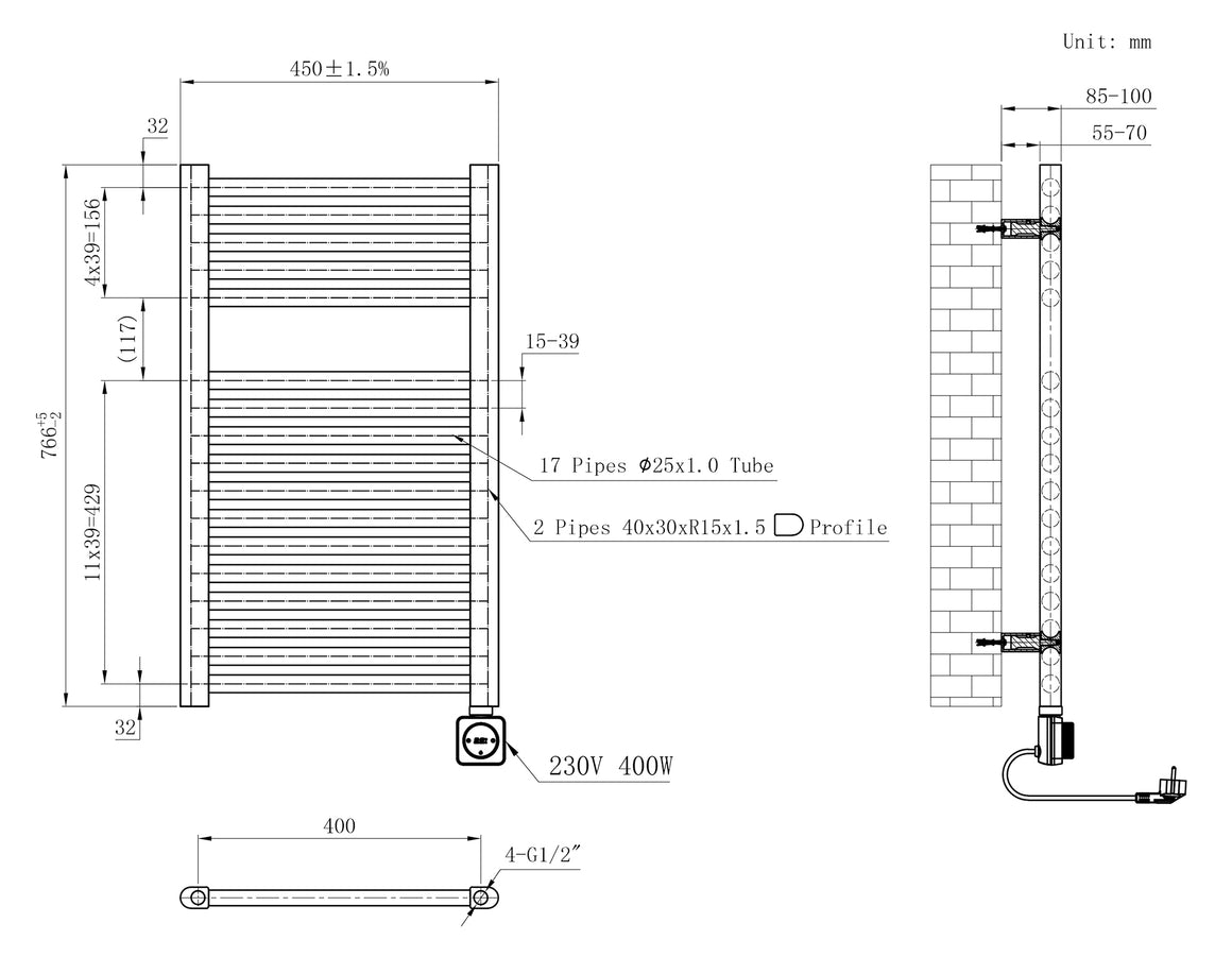 Wiesbaden Elara elektrische radiator Smart WiFi 76,6 x 45 cm / glans wit - technische tekening