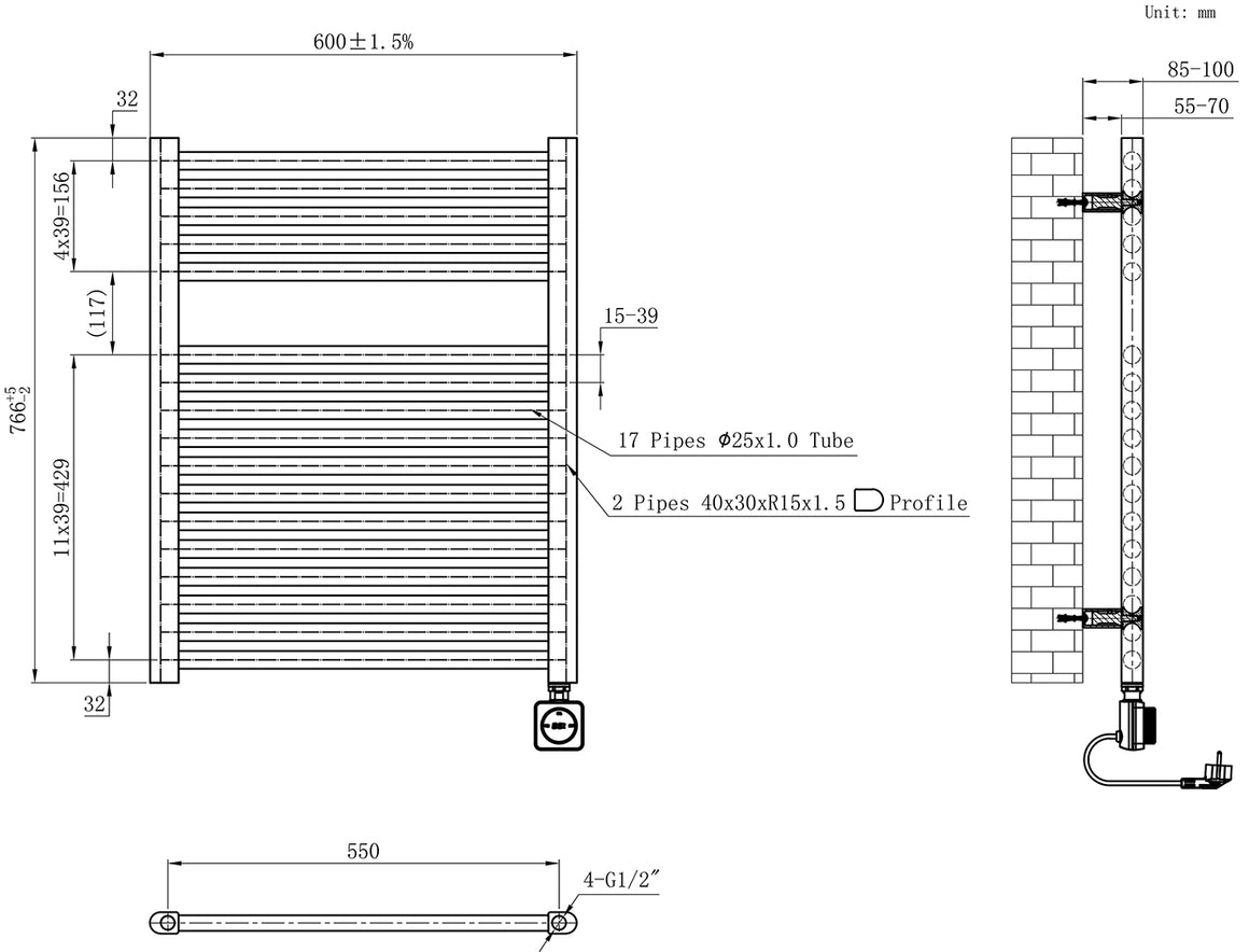 Wiesbaden Elara elektrische radiator Smart WiFi 76,6 x 60 cm - technische tekening
