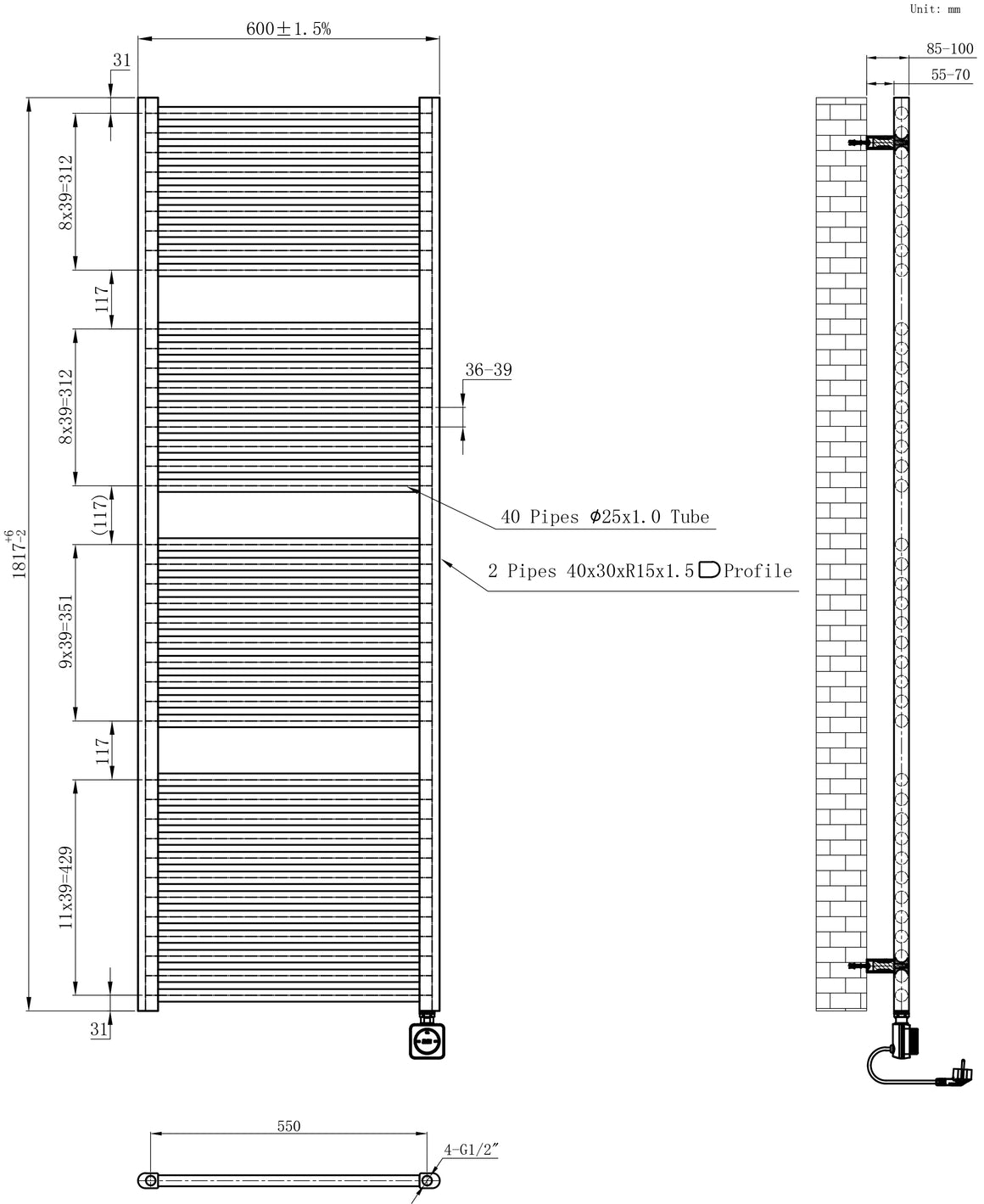 Wiesbaden Elara elektrische radiator Smart WiFi 181,7 x 60 cm / mat zwart - technische tekening