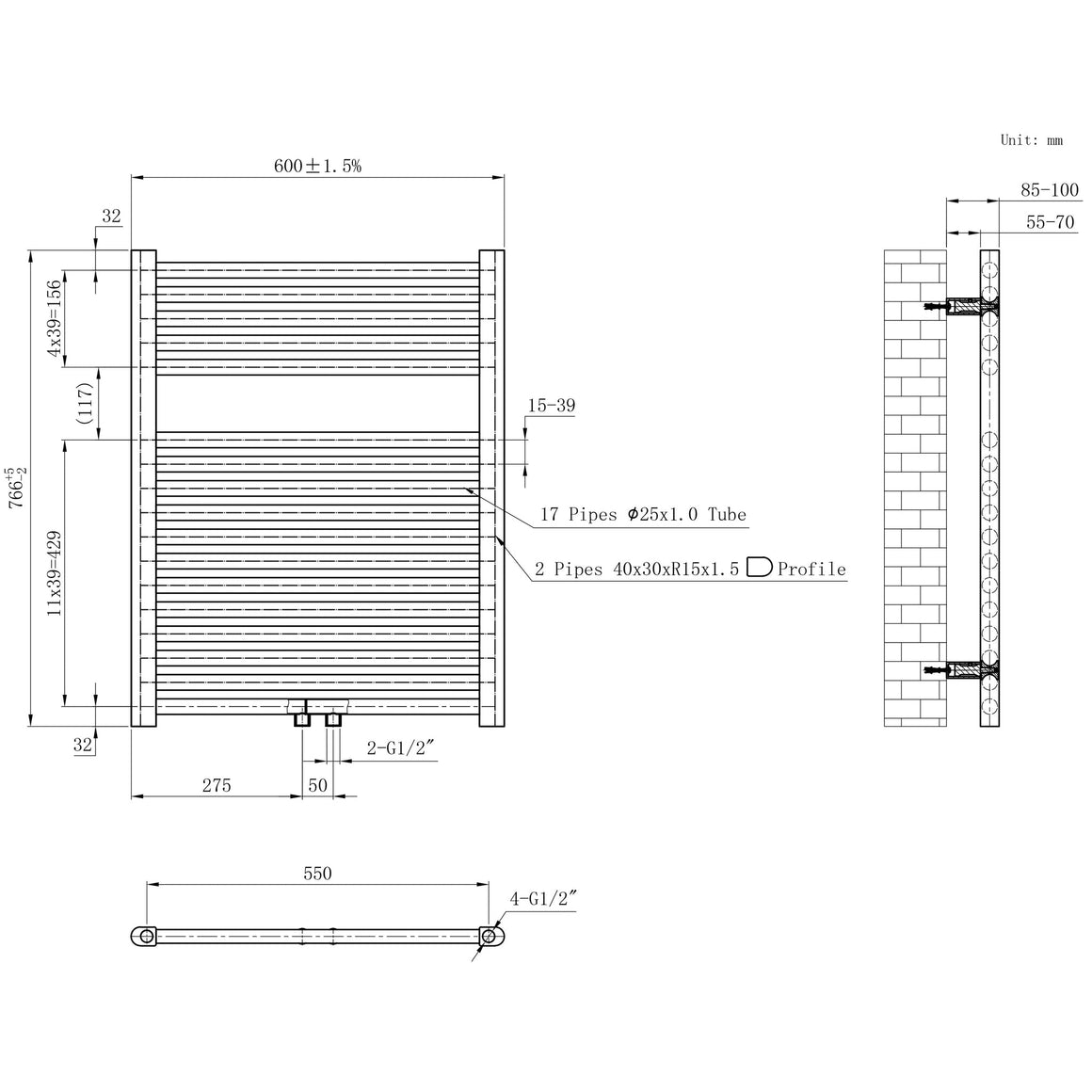 Wiesbaden Elara sierradiator 76,6 x 60 cm / Mat zwart - technische tekening