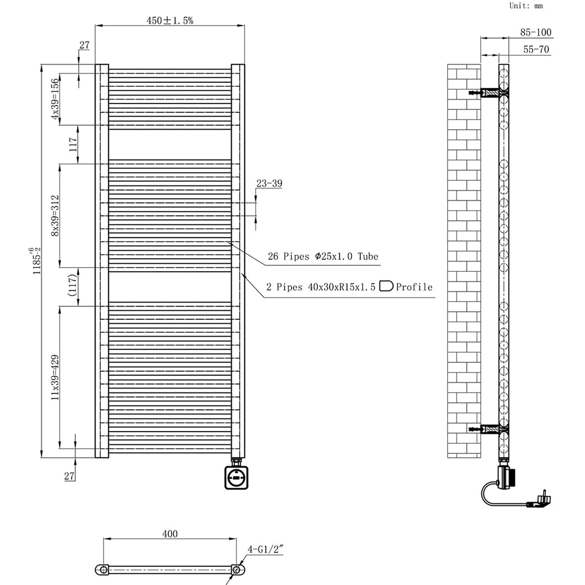 Wiesbaden Elara elektrische radiator Smart WiFi 118,5 x 45 cm - technische tekening