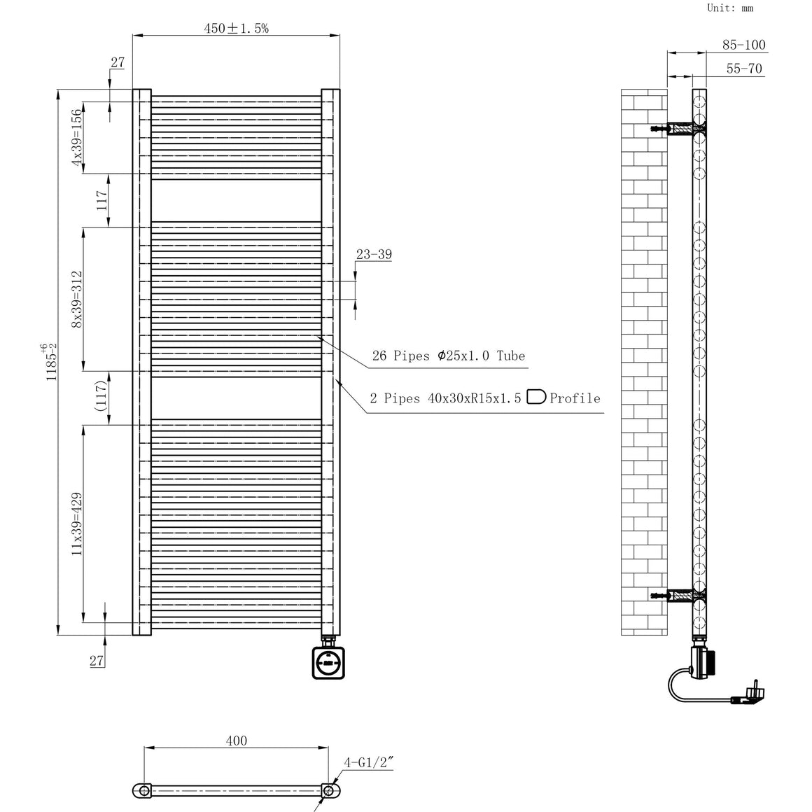 Wiesbaden Elara elektrische radiator Smart WiFi 118,5 x 45 cm / glans wit - technische tekening