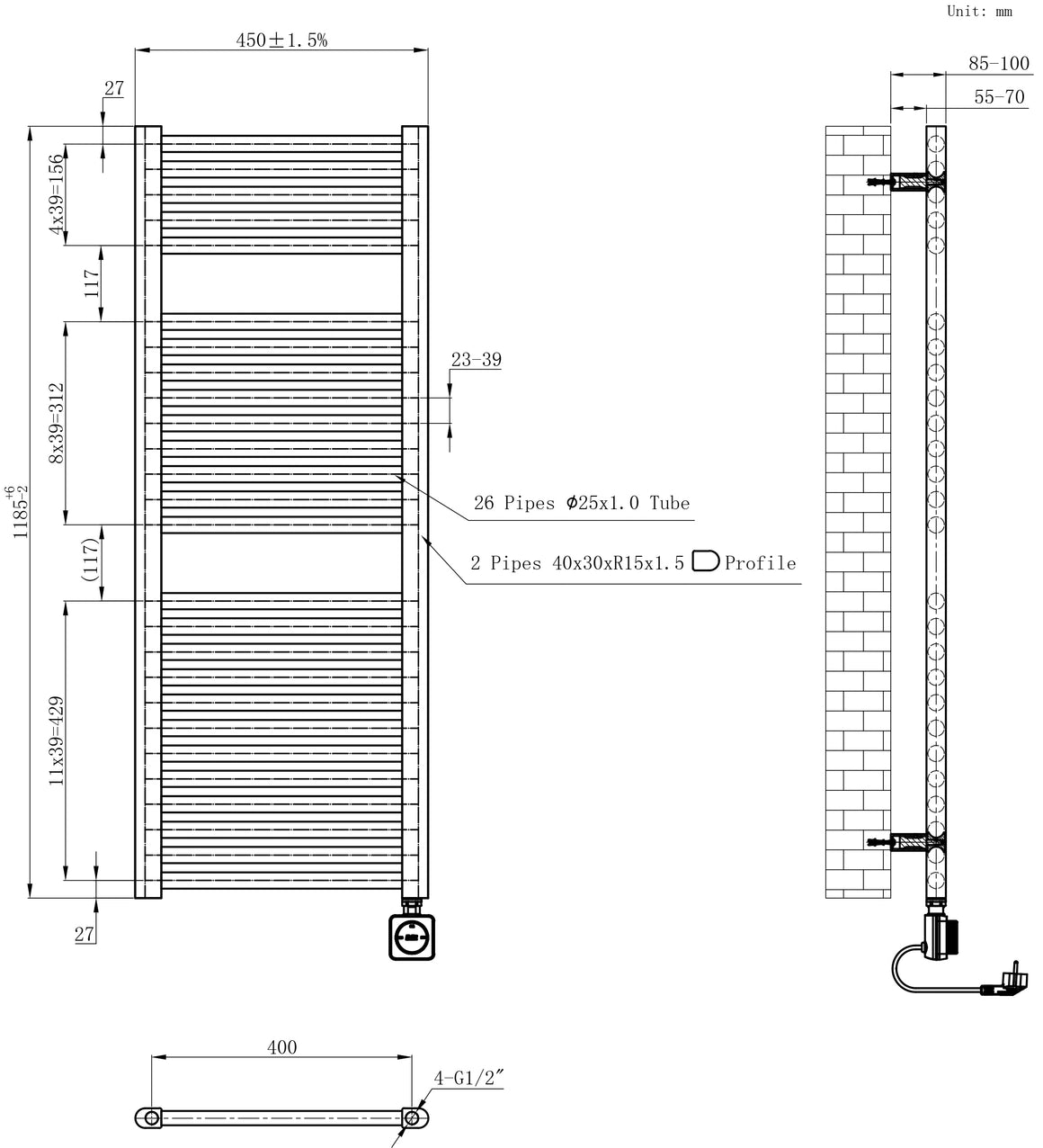 Wiesbaden Elara elektrische radiator Smart WiFi 118,5 x 45 cm / mat zwart - technische tekening