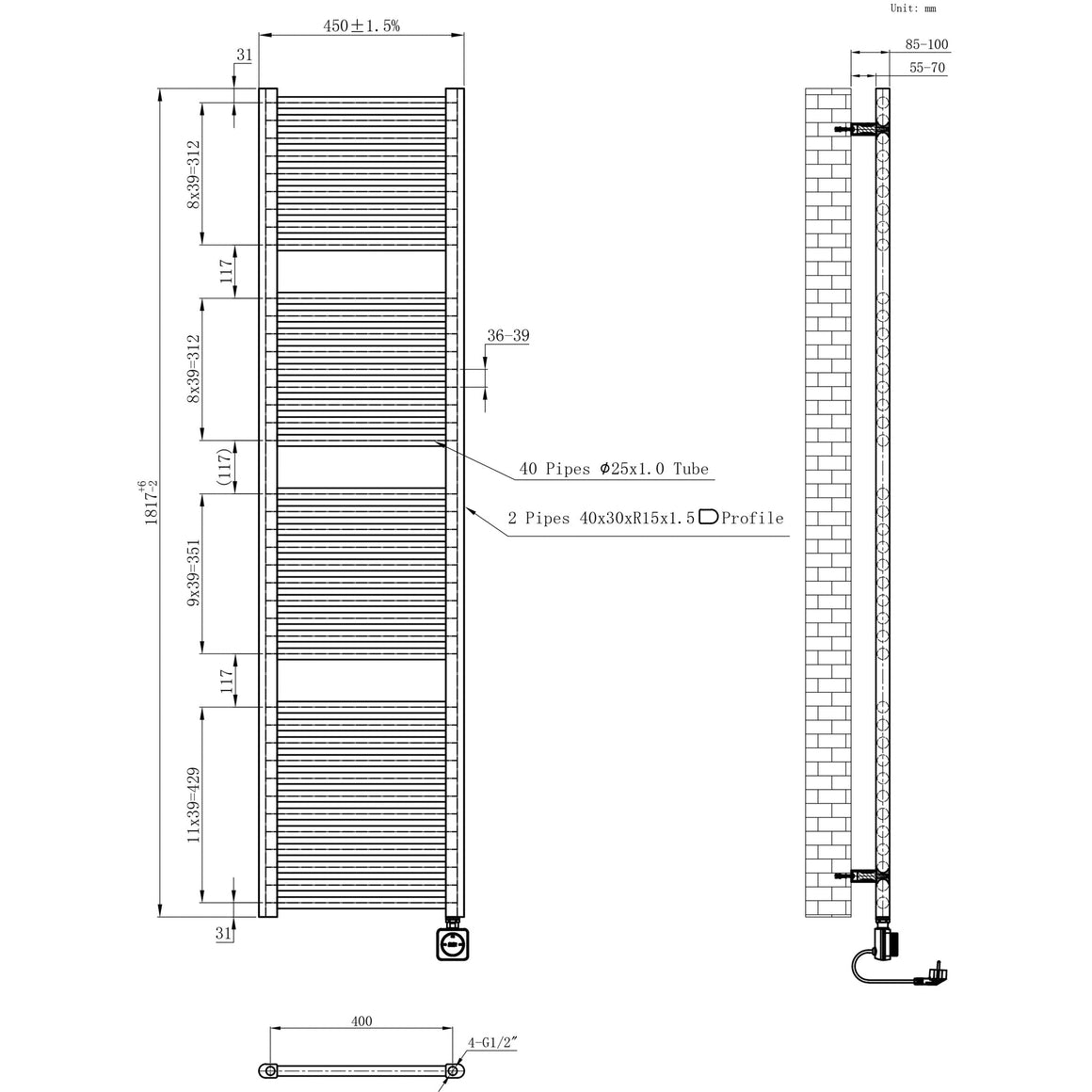 Wiesbaden Elara elektrische radiator Smart WiFi 181,7 x 45 cm / mat zwart - technische tekening