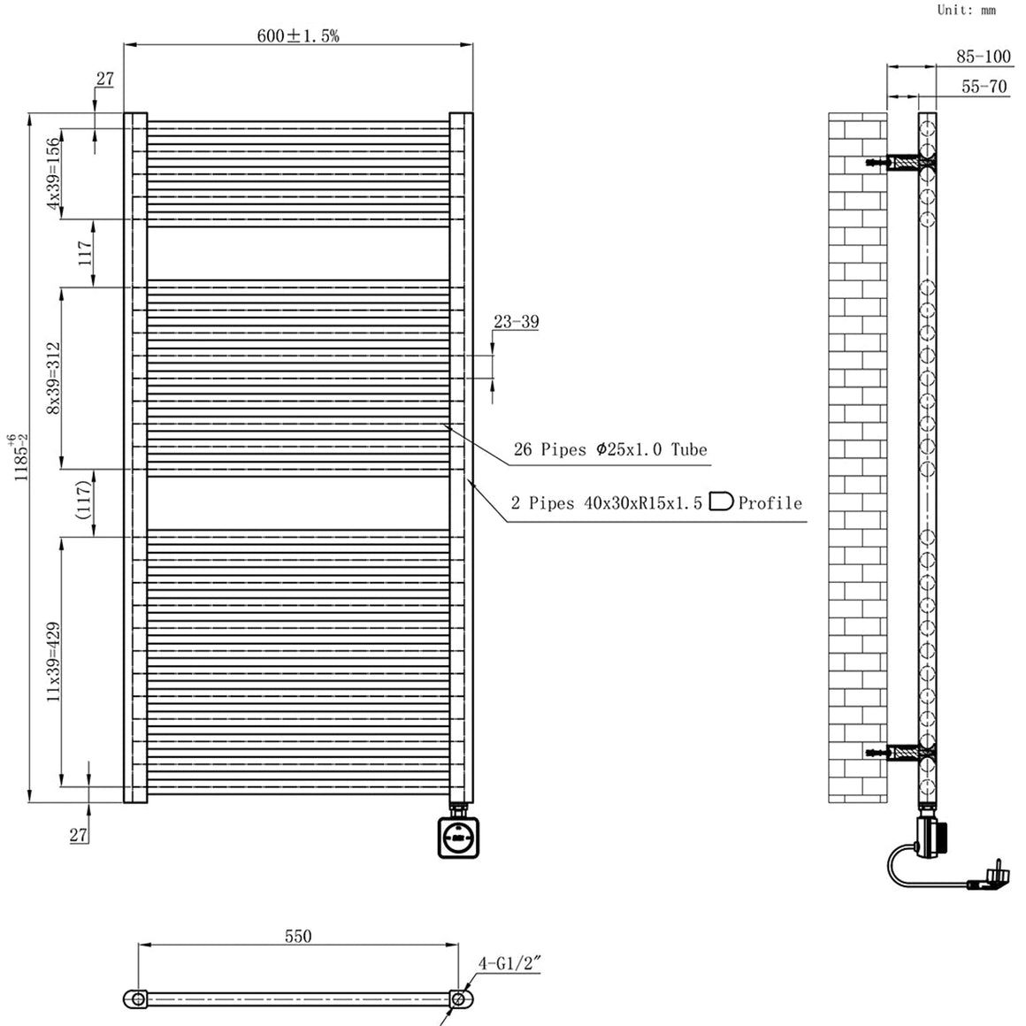 Wiesbaden Elara elektrische radiator Smart WiFi 118,5 x 60 cm - technische tekening