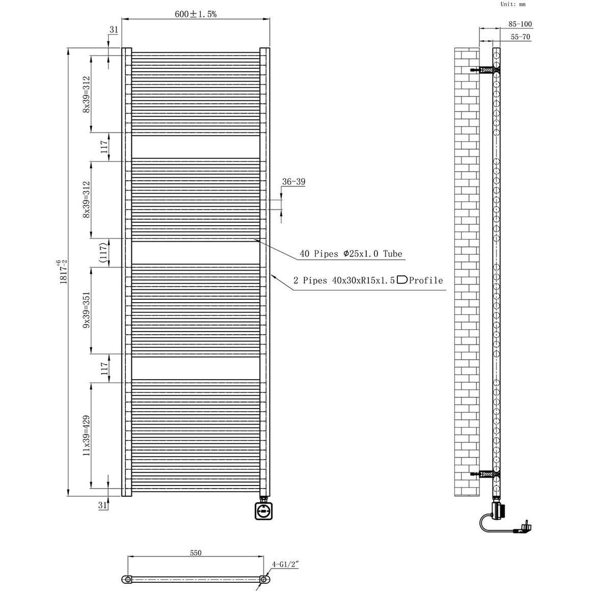 Wiesbaden Elara elektrische radiator Smart WiFi 181,7 x 60 cm - technische tekening