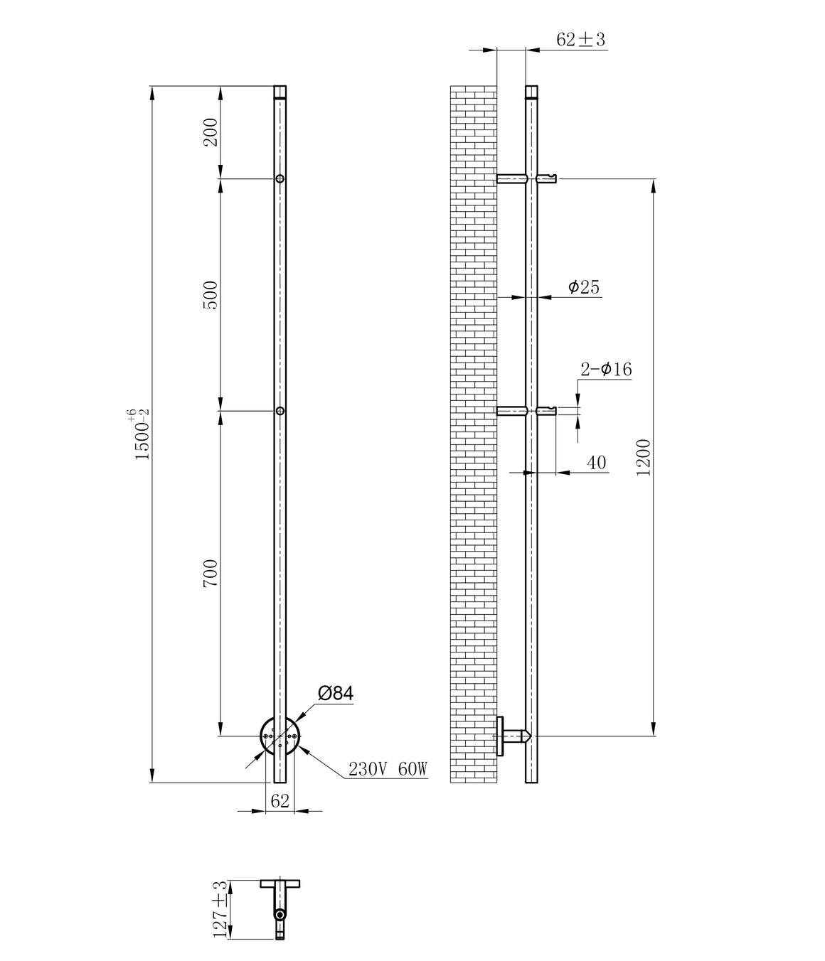 Wiesbaden Callista staafhanddoekradiator - technische tekening