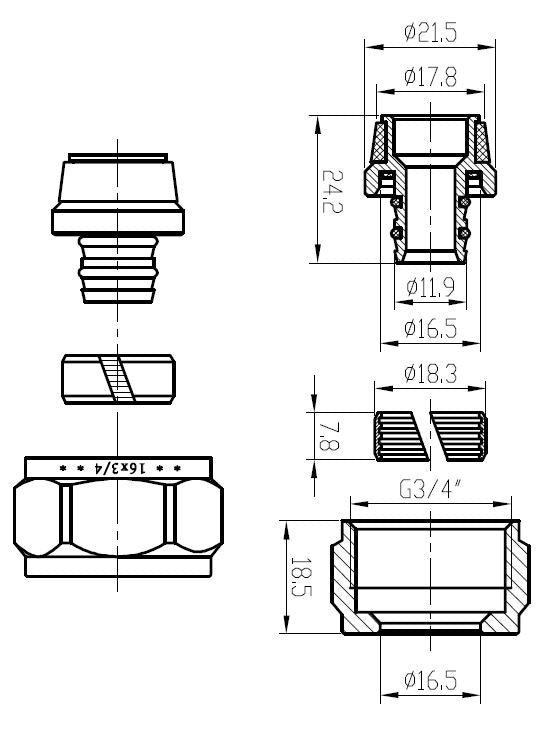 Riko knelset 3/4" x 16 x 2,0 mm chroom - technische tekening