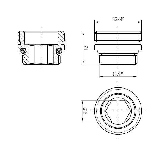 Riko adaptor midden-onderaansluiting chroom - technische tekening