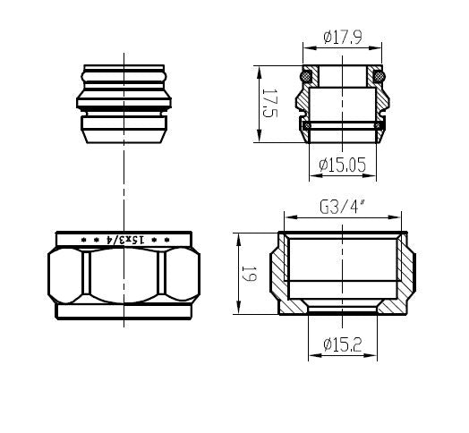 Riko knelset 3/4" x 15 mm knel chroom - technische tekening