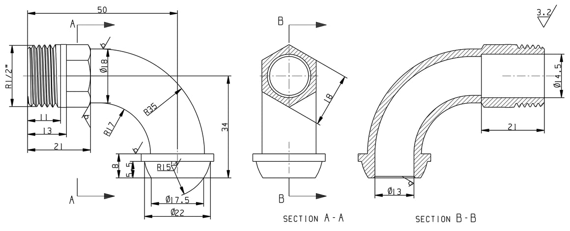 Riko M-527 radiator-aansluitbocht 1/2 vernikkeld - technische tekening