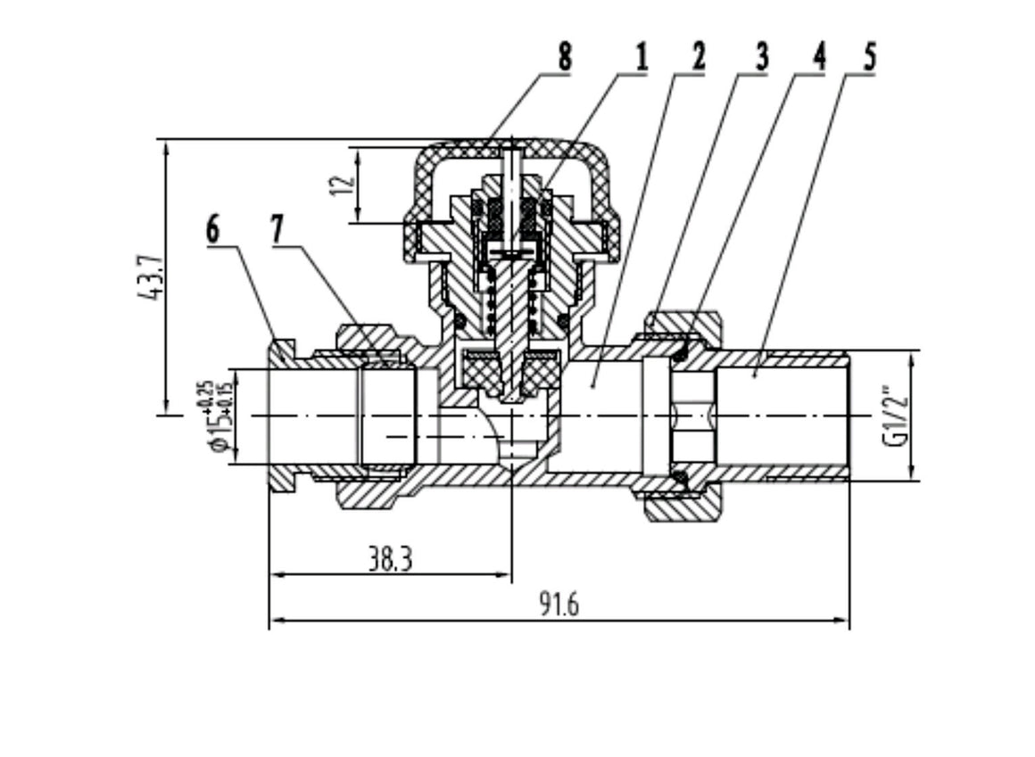 Riko thermostatisch ventiel recht met adaptor 1/2" - technische tekening
