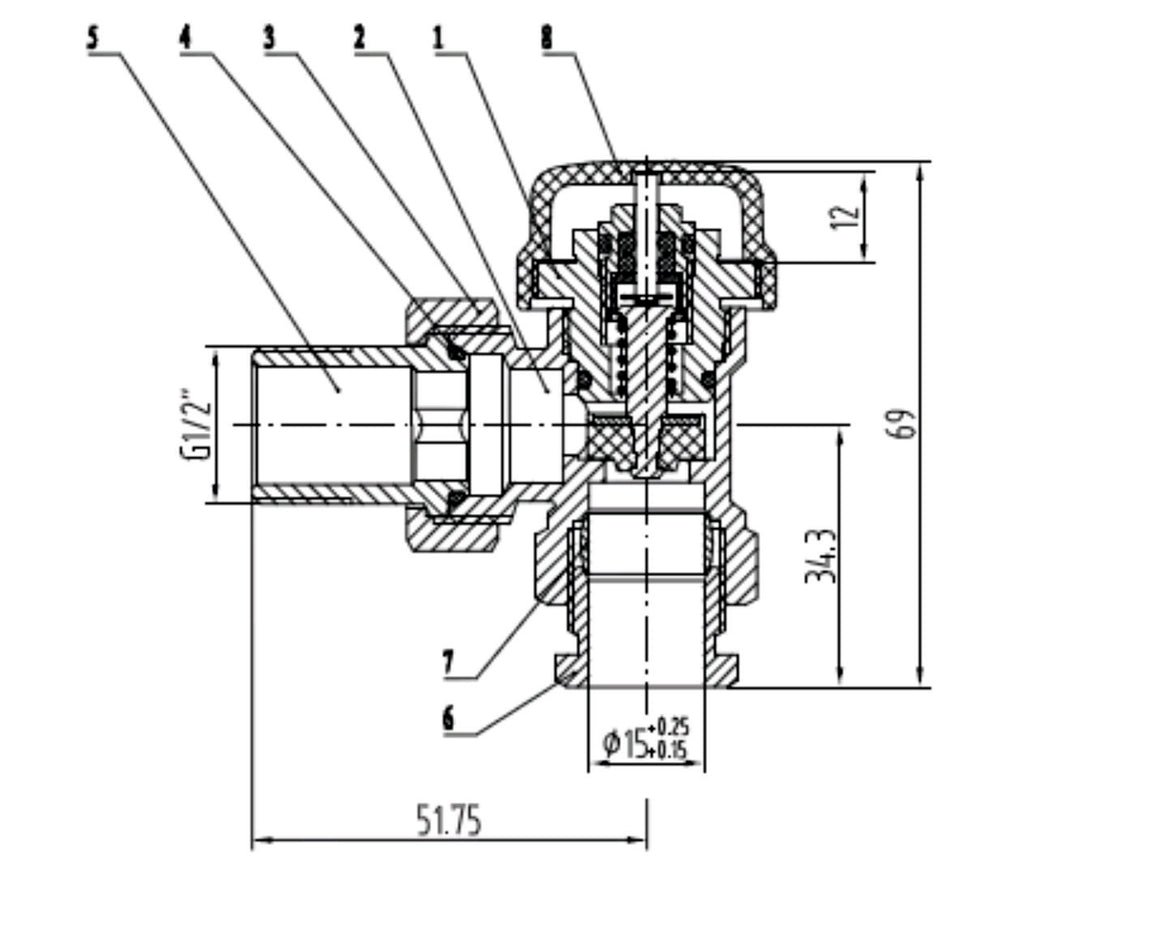 Riko thermostatisch ventiel haaks met adaptor 1/2" - technische tekening