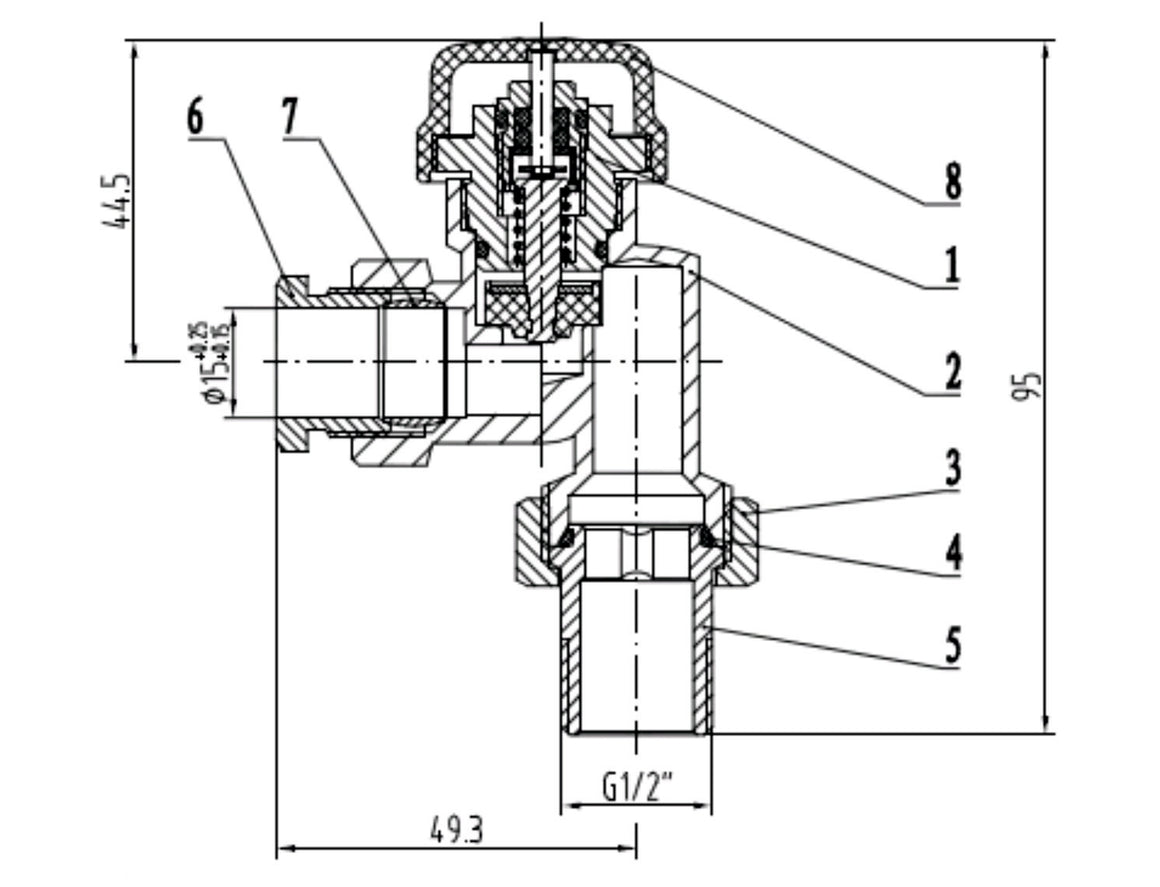 Riko thermostatisch ventiel axiaal met adaptor 1/2" - technische tekening
