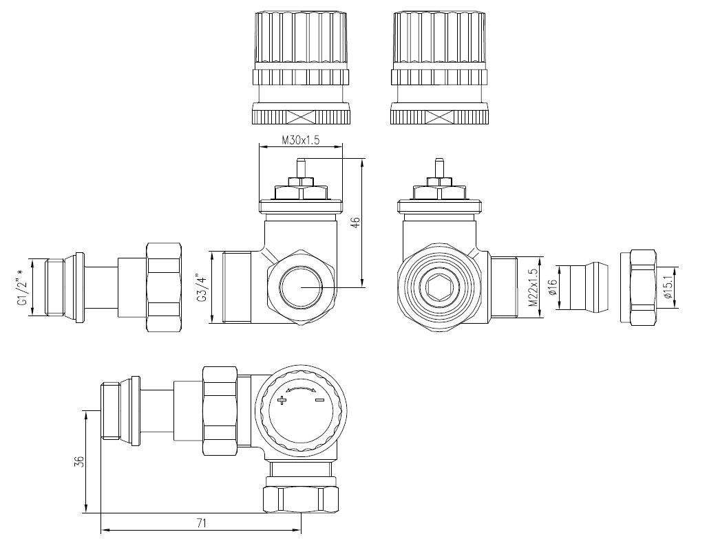 Riko Riko Thermostatisch voorbereid radiatorventiel haaks 15 mm Links - technische tekening