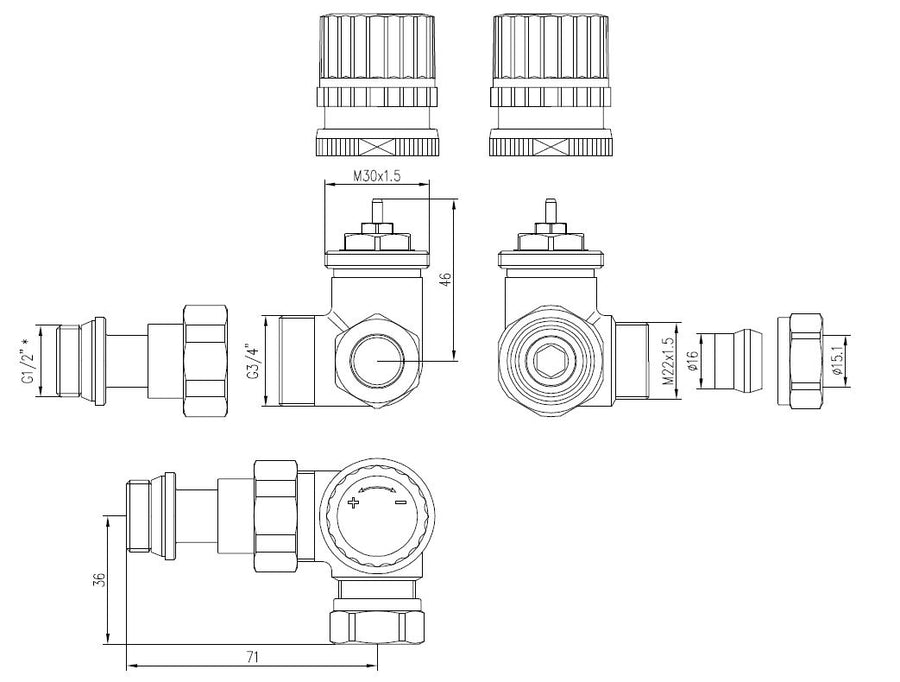 Riko Thermostatisch voorbereid radiatorventiel haaks 15 mm Links - technische tekening