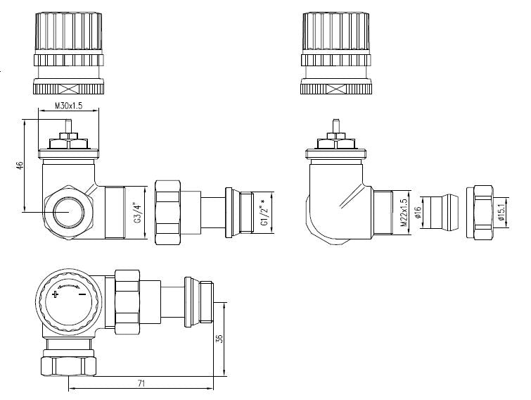 Riko Thermostatisch voorbereid radiatorventiel haaks 15 mm Rechts - technische tekening