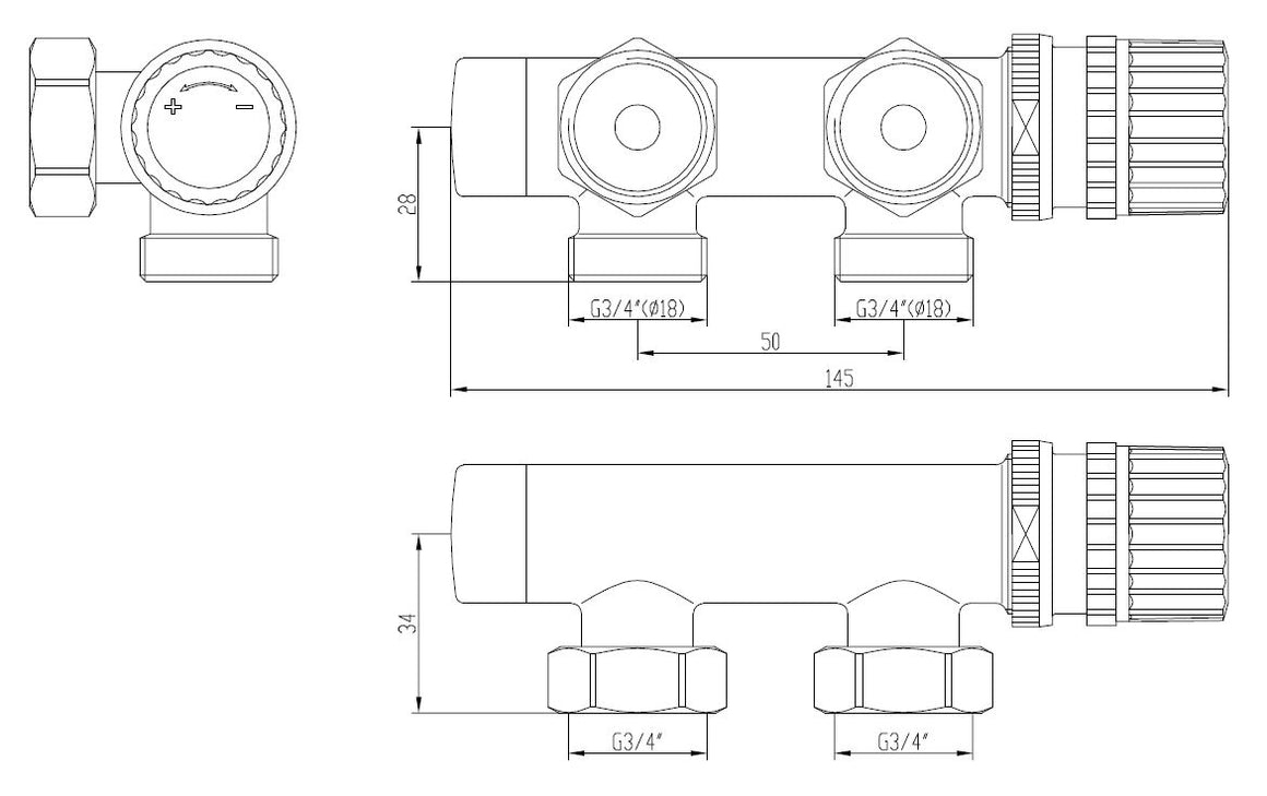 Riko thermostatisch onderblok haaks geborsteld staal Links - technische tekening