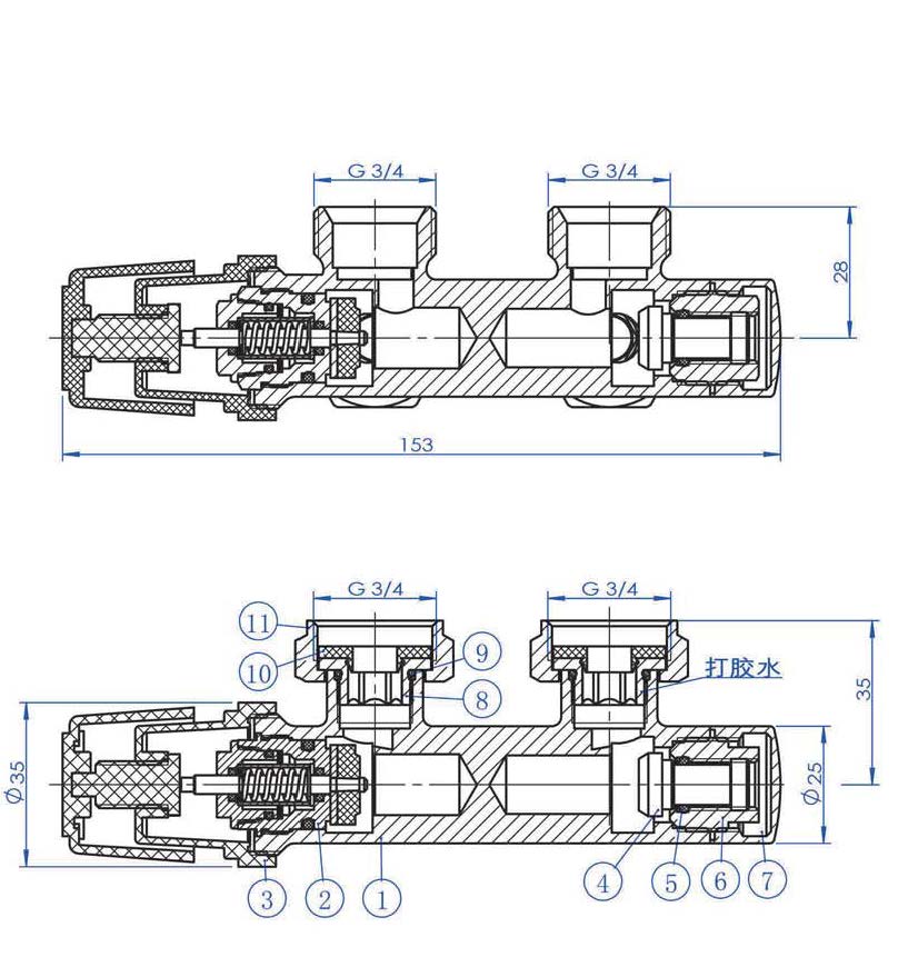 Riko thermostatisch onderblok haaks geborsteld staal Rechts - technische tekening