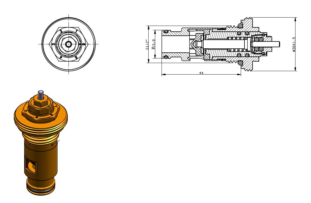 Riko thermostatisch inzetstuk M30 x 1/2" voor H-blok - technische tekening