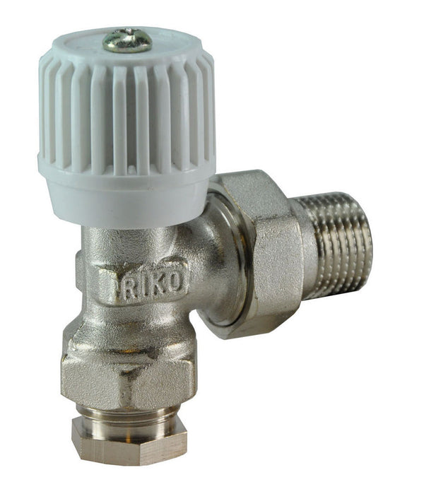 Riko radiatorventiel met adaptor 15 mm 1/2" haaks vernikkeld