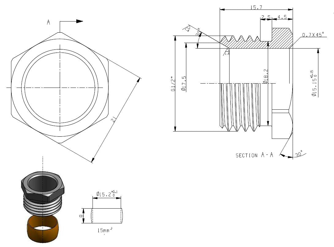 Riko knelset 1/2 x 15 mm vernikkeld - technische tekening