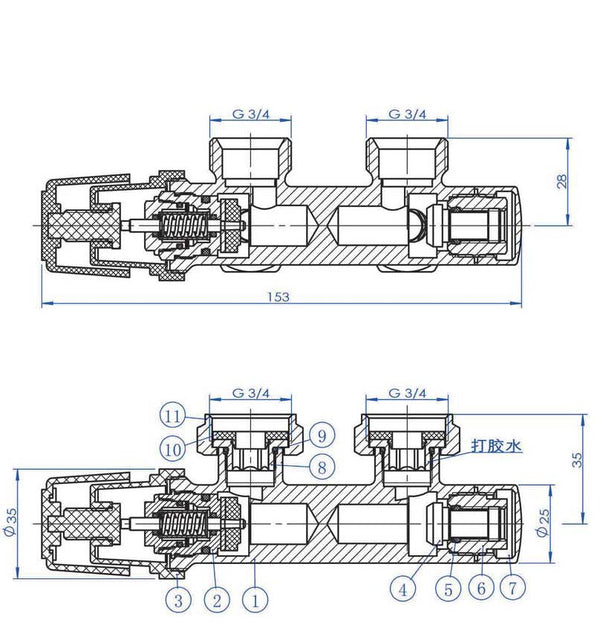 thermostatisch 3/4 Unterblock rechtwinklig-rechts matt schwarz