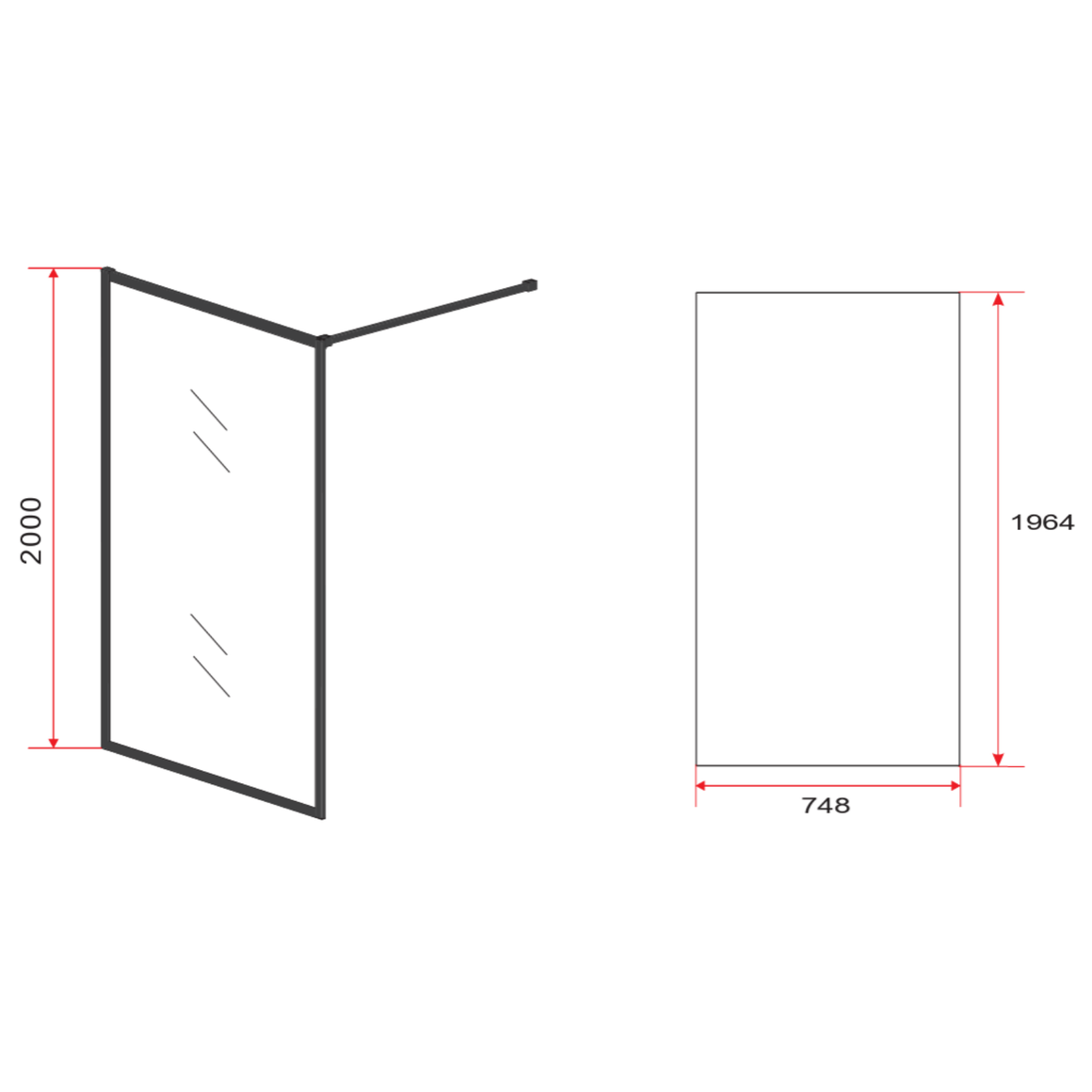 Aloni inloopdouchewand mat zwart profiel 80 cm technische tekening