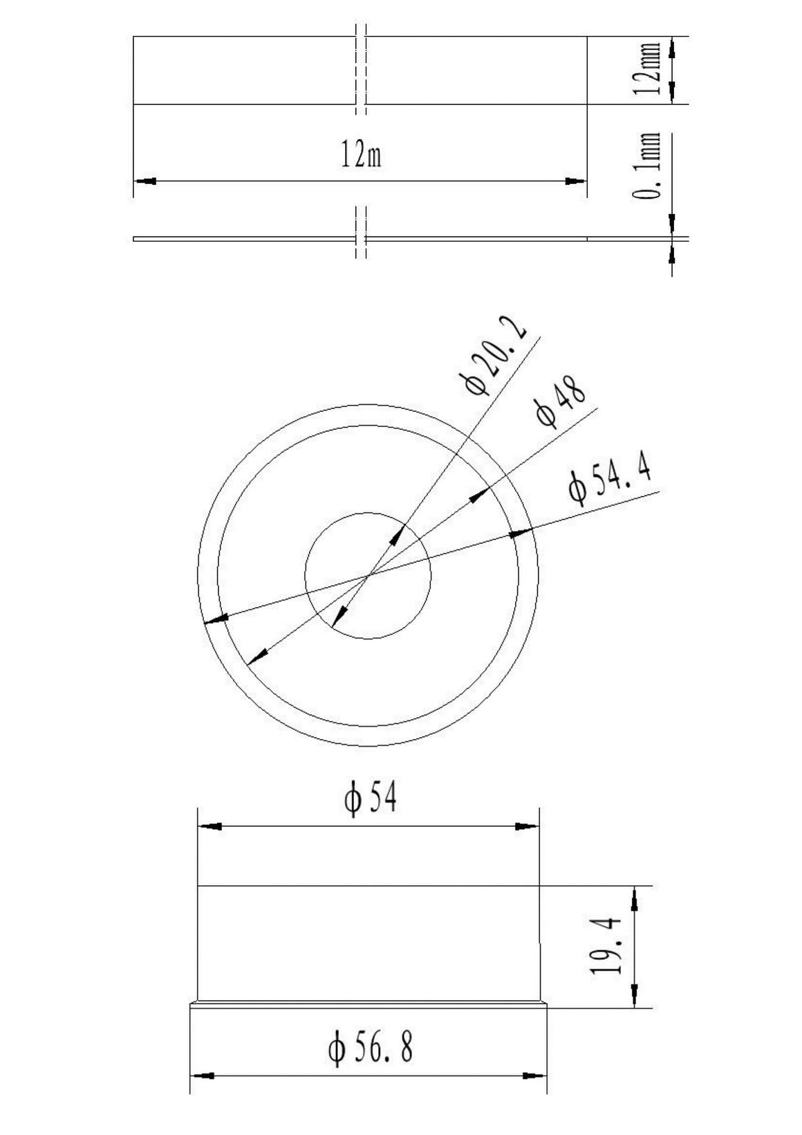 Riko teflontape Gastec 12 meter - technische tekening