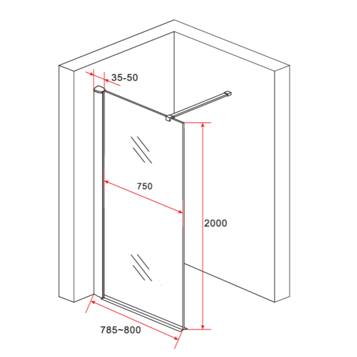 Aloni inloopdouchewand 80 cm technische tekening