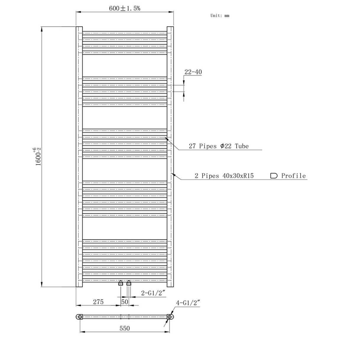 BELRAD Badkamer Radiator Zwart Mat Geborsteld – Middenaansluiting - technische tekening