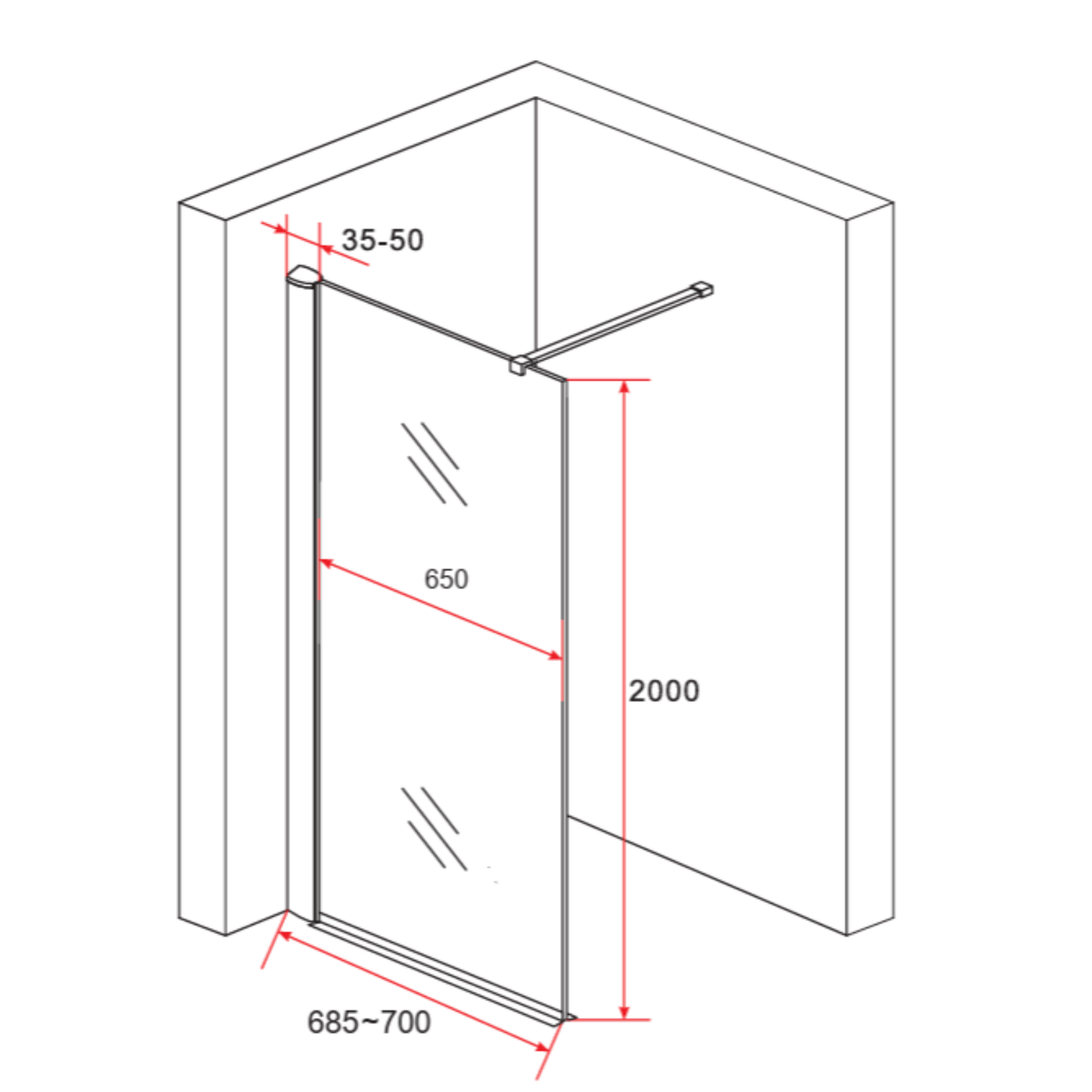 Aloni inloopdouchewand 70 cm technische tekening