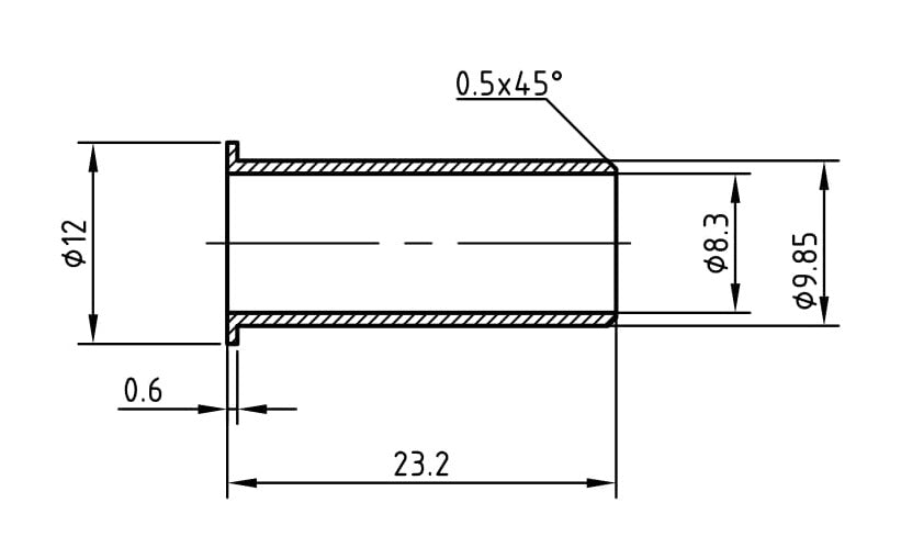 Riko 1283 steunhuls 12 mm - technische tekening