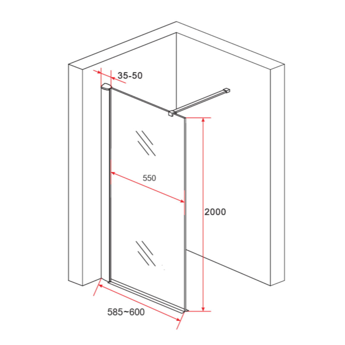 Aloni inloopdouchewand 60 cm technische tekening