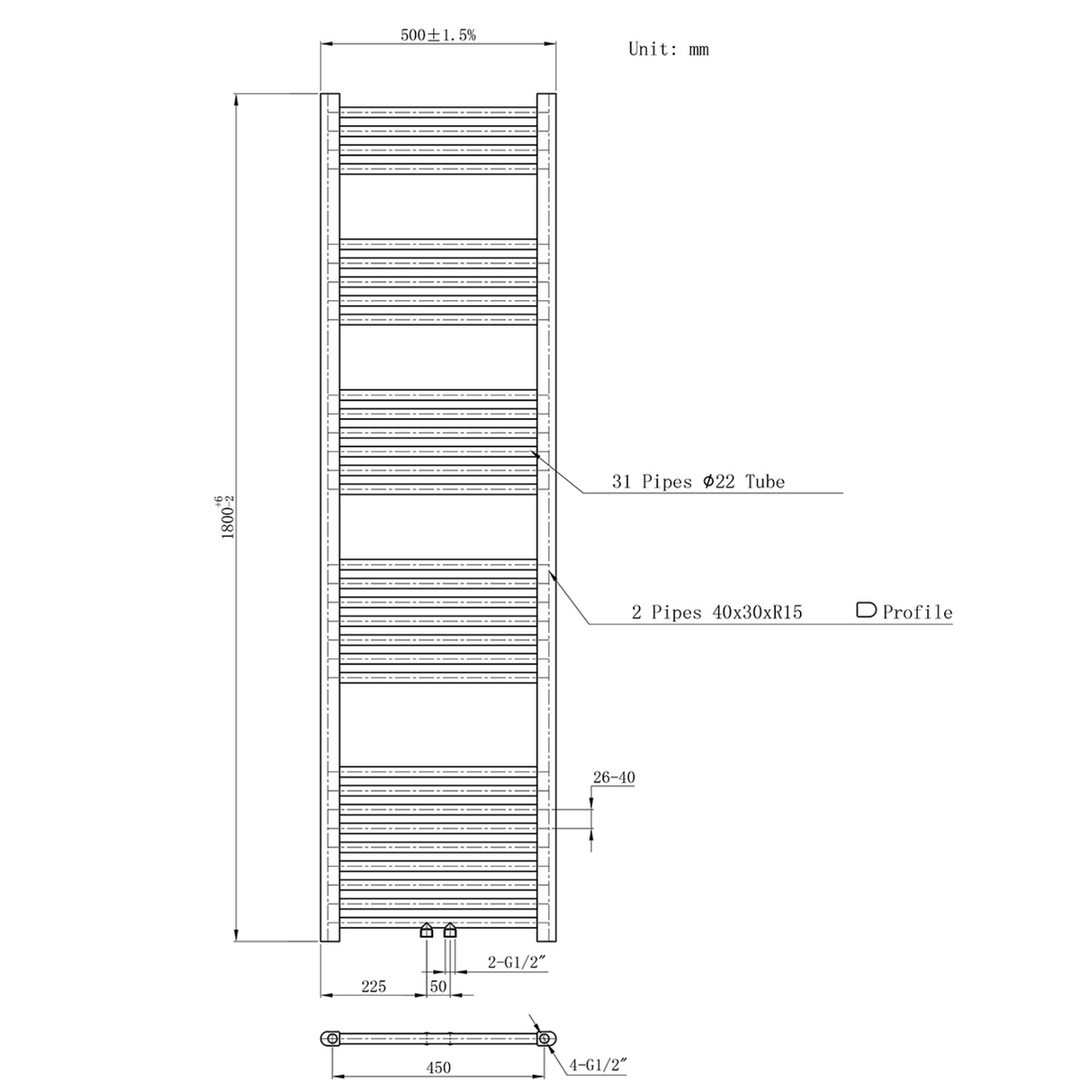 BELRAD Badkamer Radiator Zwart Mat Geborsteld – Middenaansluiting - technische tekening
