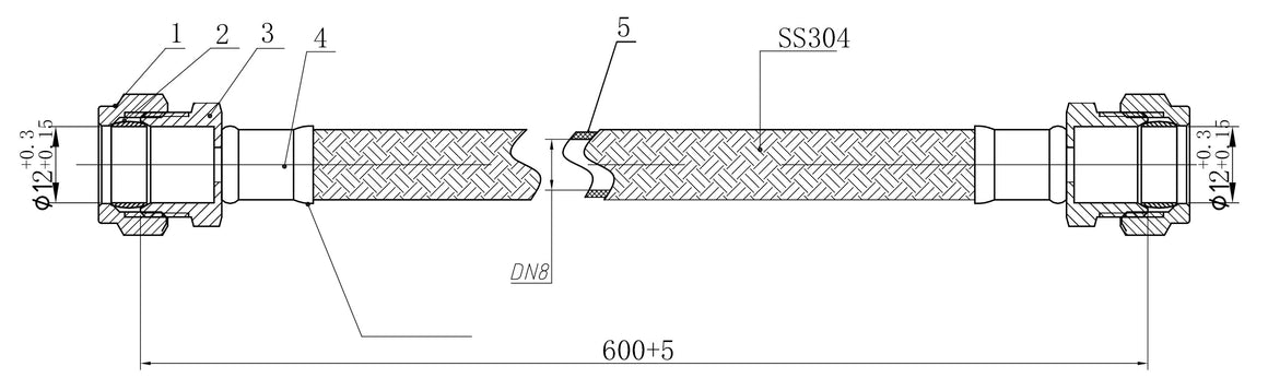 Riko Riko flexibele aansluitslang kiwa knel knel 12mm knel x 12mm knel 60 cm RVS - technische tekening