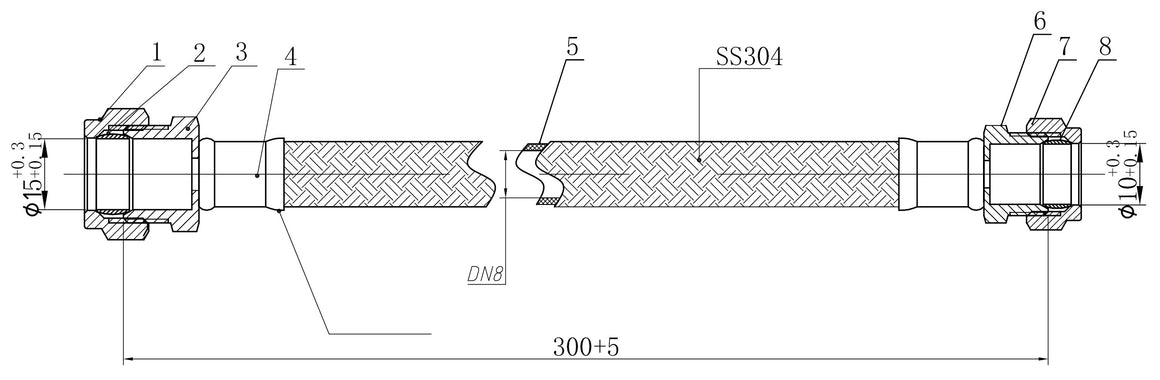 Riko Riko flexibele aansluitslang kiwa knel knel 10mm knel x 15mm knel 30 cm RVS - technische tekening