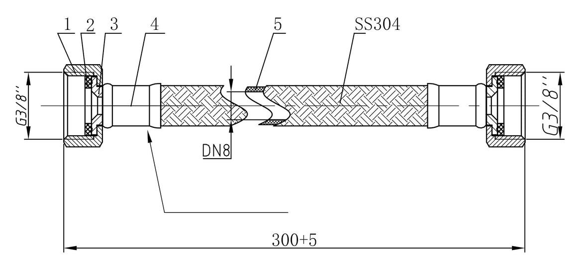 Riko Riko flexibele aansluitslang kiwa bi bi 3/8" bi x 3/8" bi 30 cm RVS - technische tekening