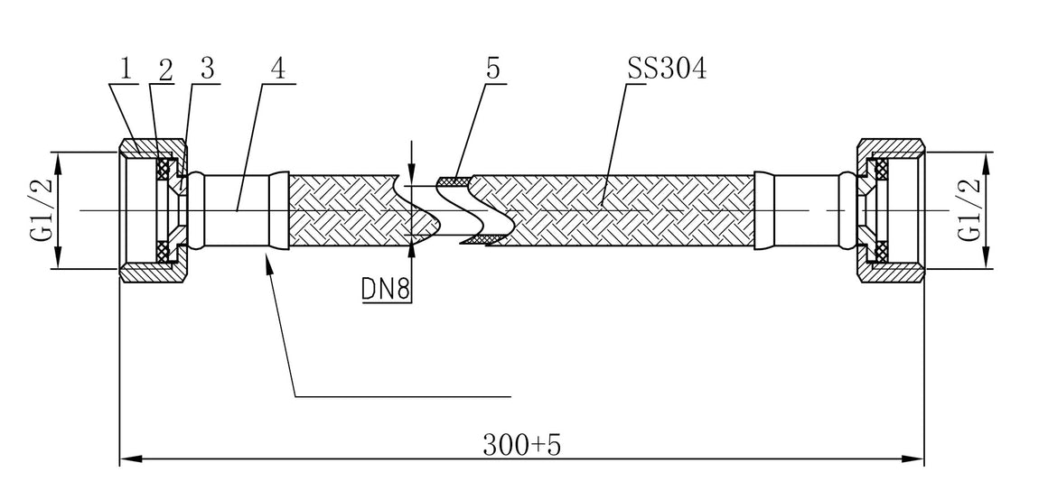 Riko Riko flexibele aansluitslang kiwa bi bi 1/2" bi x 1/2" bi 30 cm RVS - technische tekening
