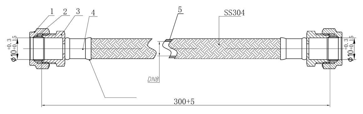 Riko Riko flexibele aansluitslang kiwa knel knel 10mm knel x 10mm knel 35 cm RVS - technische tekening
