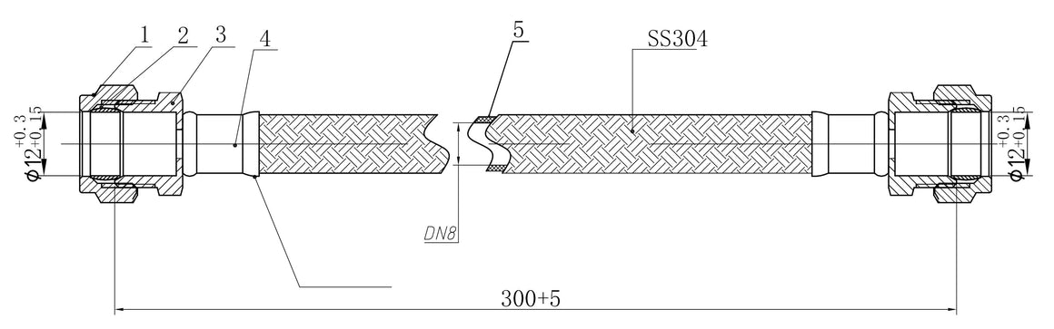 Riko Riko flexibele aansluitslang kiwa knel knel 12mm knel x 12mm knel 30 cm RVS - technische tekening