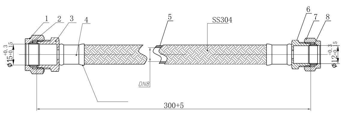 Riko flexibele aansluitslang 12 mm knel x 15 mm knel 30 cm rvs - technische tekening