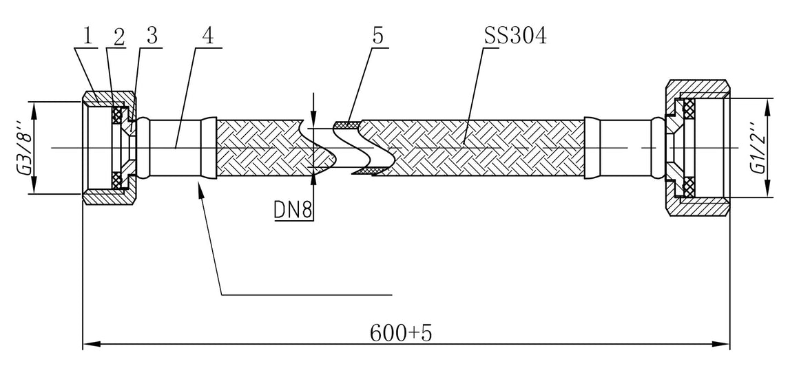 Riko Riko flexibele aansluitslang kiwa bi bi 1/2" bi x 3/8" bi 60 cm RVS - technische tekening
