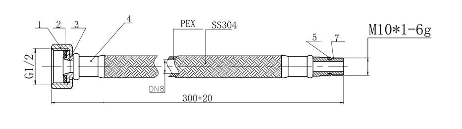 Riko flexibele aansluitslang Kiwa 1/2" bi x M10 bu 30 cm rvs - technische tekening