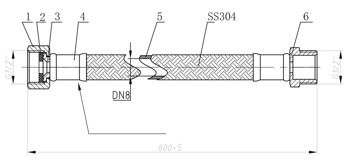 Riko Riko flexibele aansluitslang kiwa bi bu 1/2" bi x 1/2" bu 60 cm RVS - technische tekening