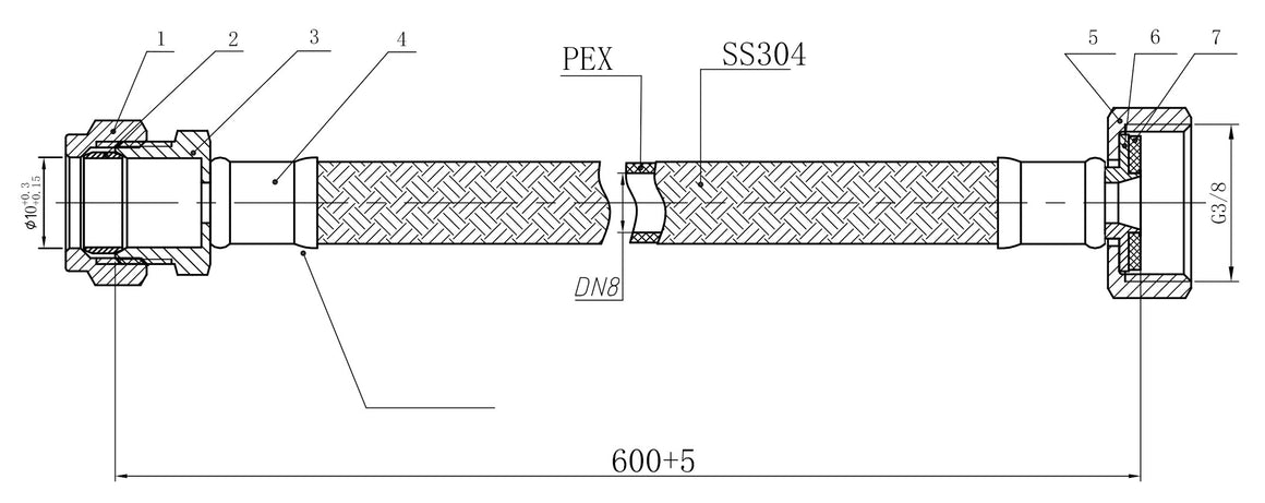 Riko Riko flexibele aansluitslang kiwa bi knel 3/8" bi x 10mm knel 60 cm RVS - technische tekening