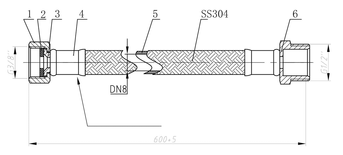 Riko Riko flexibele aansluitslang kiwa bi bu 3/8" bi x 1/2" bu 60 cm RVS - technische tekening